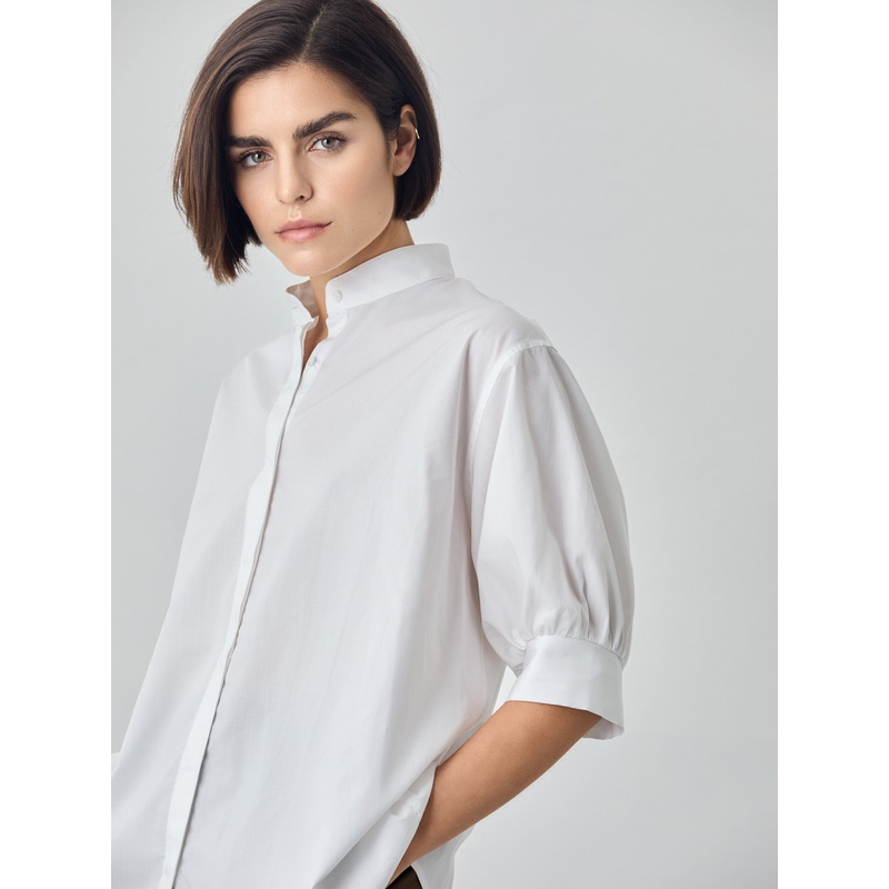 Balloon Sleeves Shirt With Mao Collar White XS