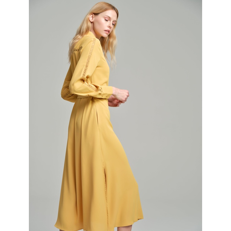 Long shirt dress with branding inserted lace Yellow XS