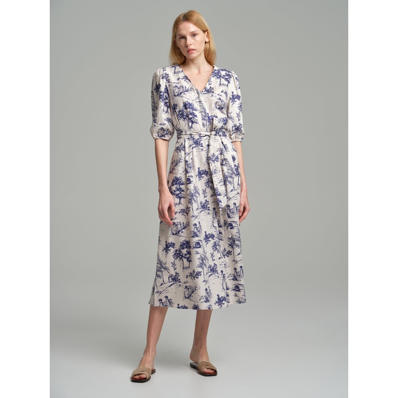 Rustic printed v-neck dress with volume sleeves Print XS