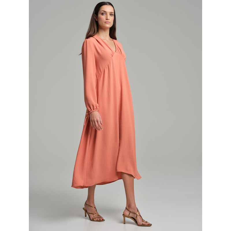 V-neck long dress with gathering effects Light Orange XS