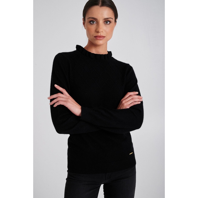 Frill neckline and pintuck stitch detail sweater Black XS
