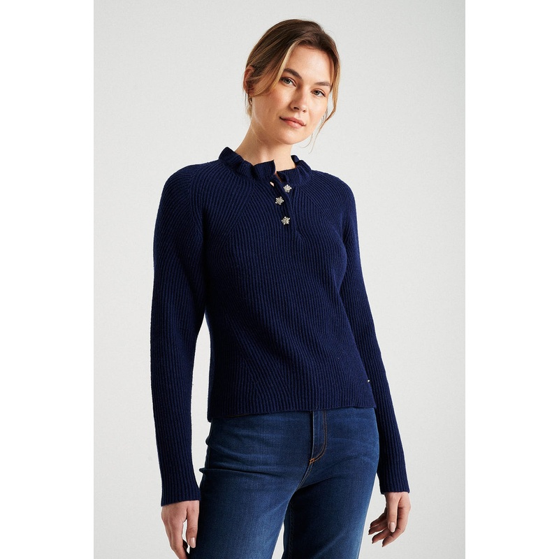 Frill neckline with button front detail Dark Green XS