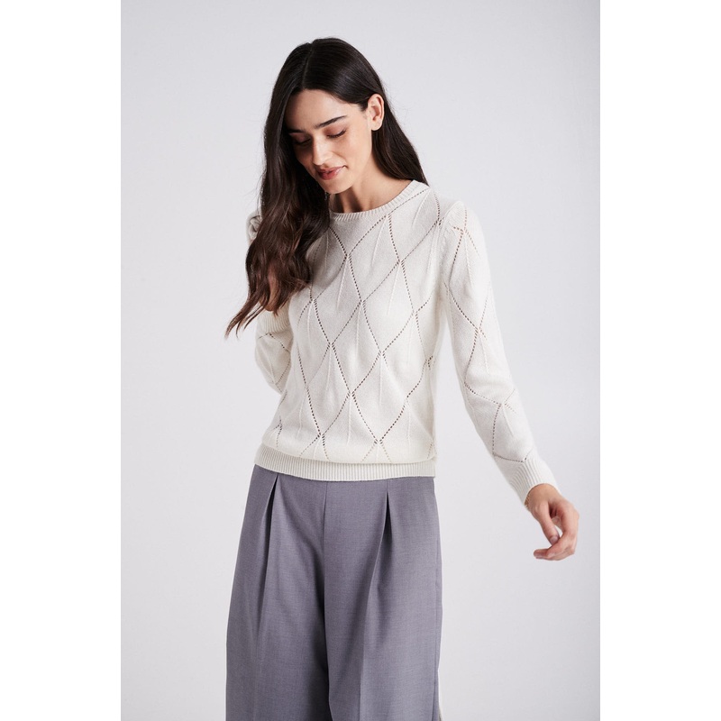 Round neckline with fancy stitch sweater Ecru XS