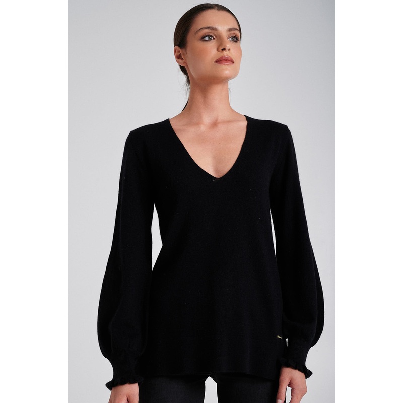 V neckline with baloon sleeves sweater Black XS