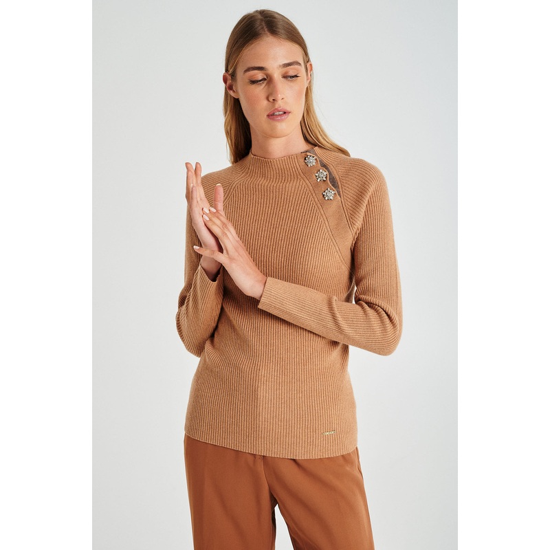Cristal buttons mock collar sweater Camel XS