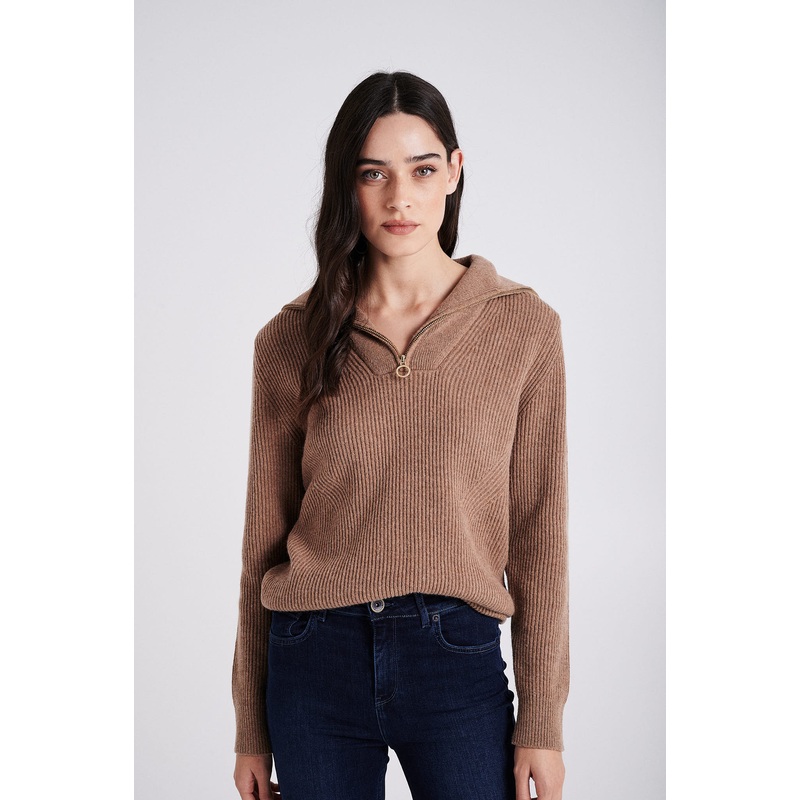 Half zipper wide collar Sweater Camel XS