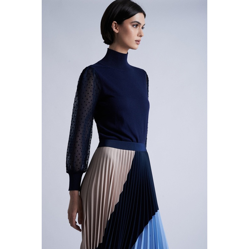 Silk and cotton high collar sweater with chiffon sleeves Dark Blue XS