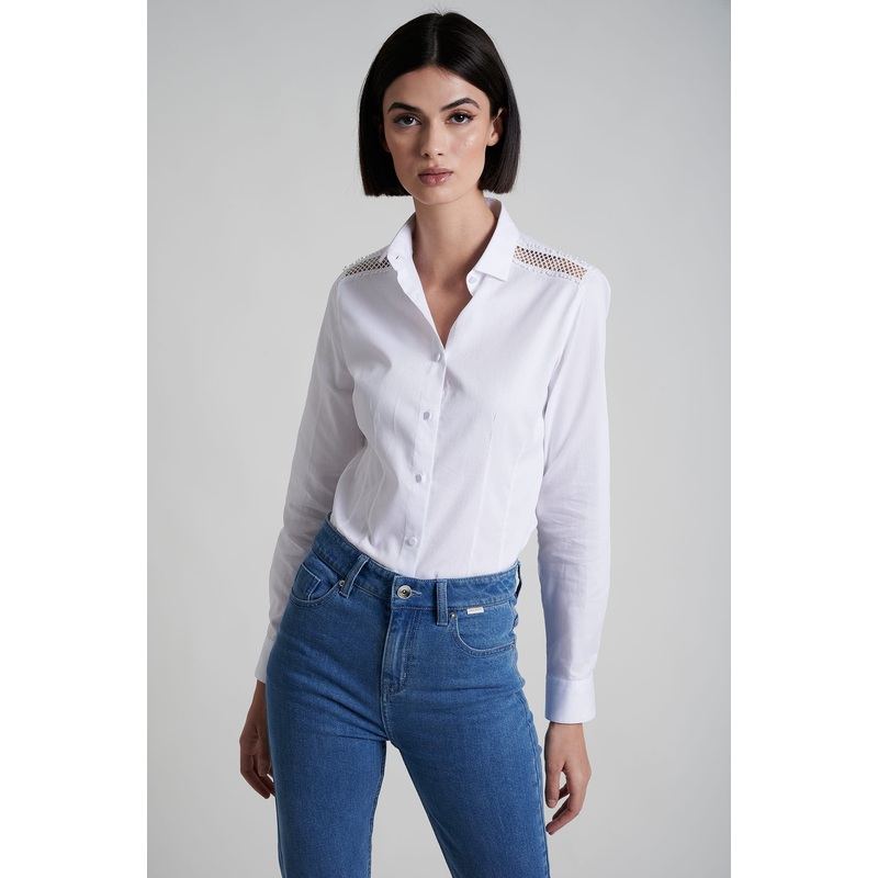 100% cotton shirt with inserted lace at shoulders White 34