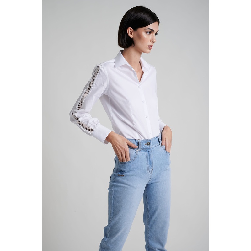 100% cotton shirt with inserted lace at sleeves White 34