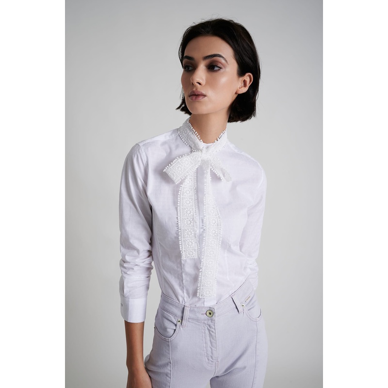 100% cotton shirt with ribbon lace at collar White 34
