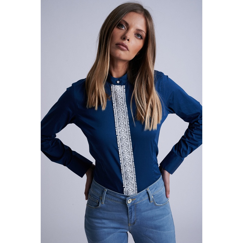 Cotton elastane shirt with collar and lace placket Blue 34