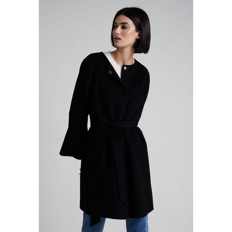 Wool Blend Coat with Scalloped Sleeves Black XS