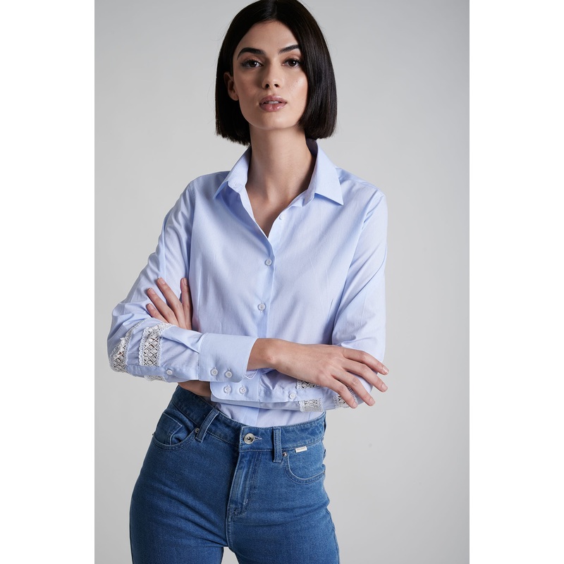100% cotton shirt with inserted lace at sleeves Light Blue 34
