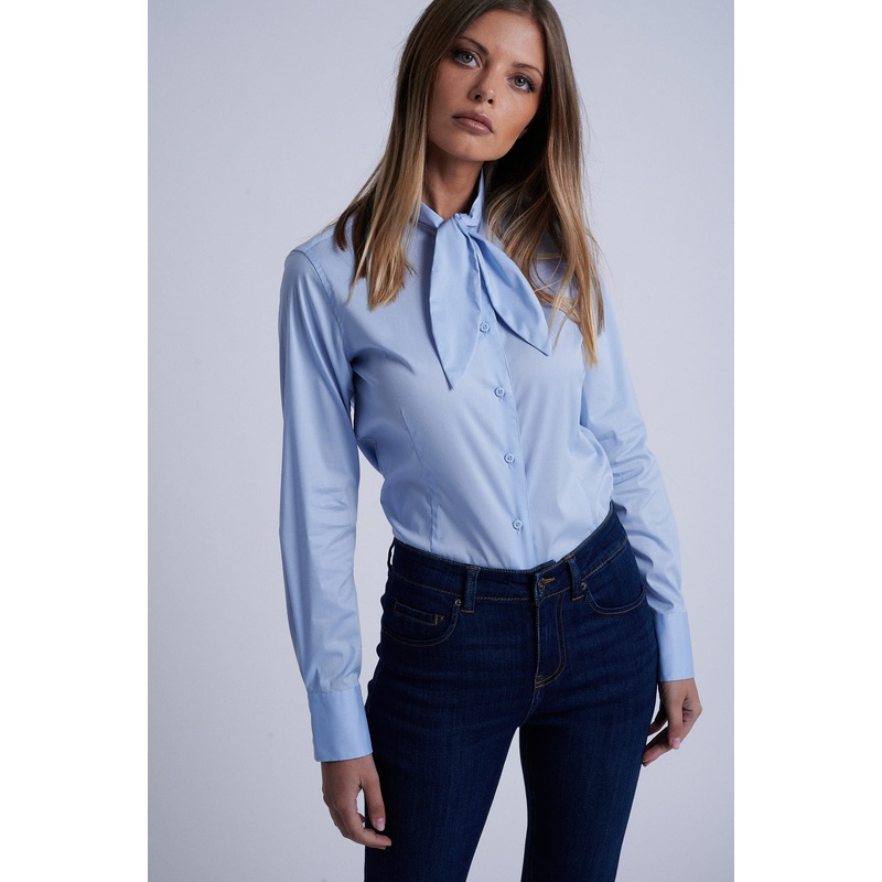 Cotton elastane shirt with bow collar Light Blue 34