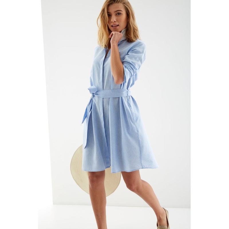 Women’s Linen Shirt Dress Light Blue XS