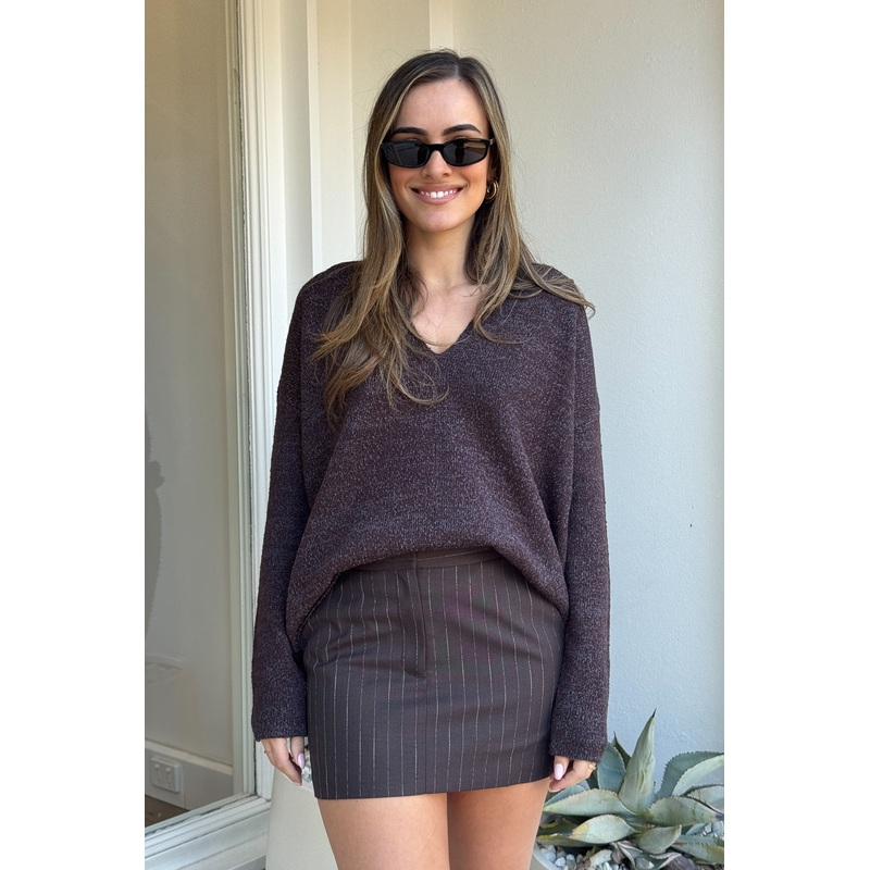 Botticino Deep V Neck Knit Sweater Black/Chocolate XS