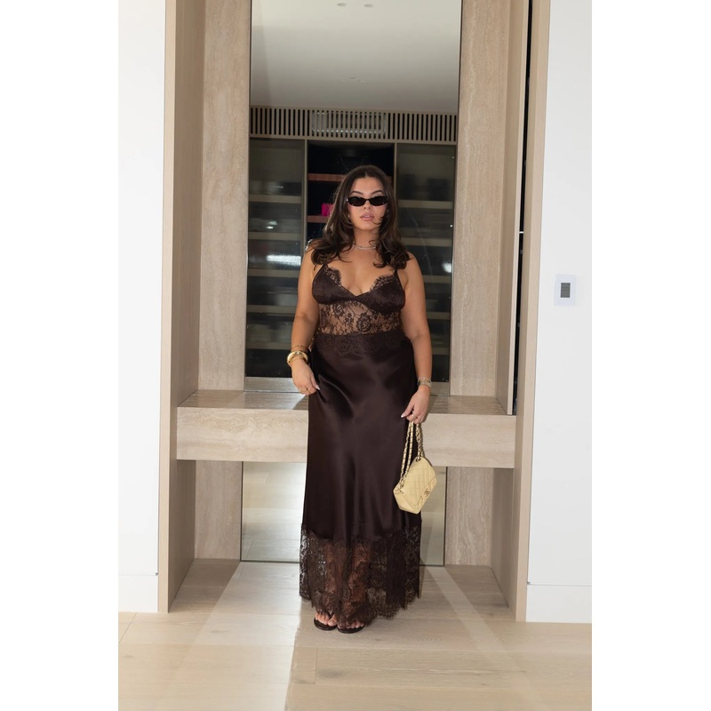 Jaz Hand Lace Maxi Dress Chocolate XXS